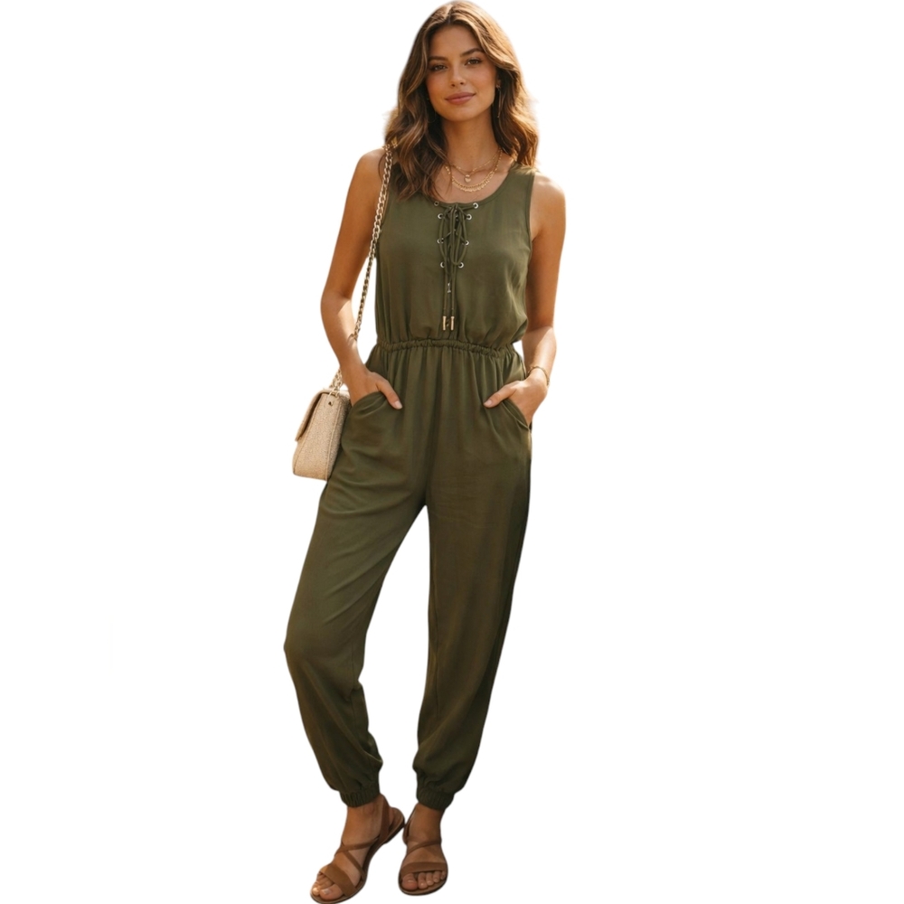 Sleeveless Olive Green Lace-Up Jumpsuit
